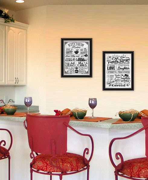 Set Of Two Our Family Kitchen Rules And Recipes Black Framed Kitchen Wall Art