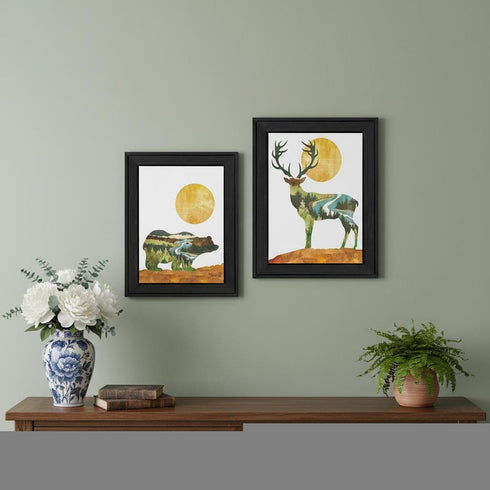 Set Of Two Bear and Deer Black Framed Wall Art