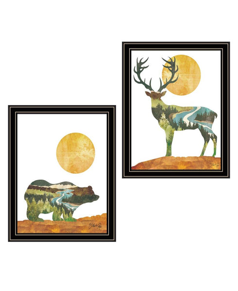 Set Of Two Bear and Deer Black Framed Wall Art