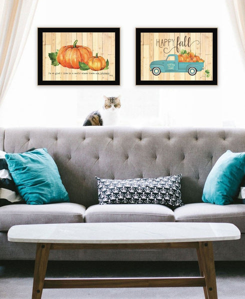 Set Of Two Happy Fall-October Pumpkins Distressed Black Framed Wall Art