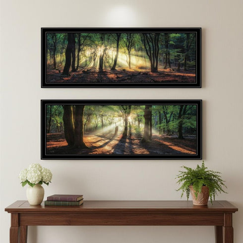 Set Of Two Sun Rays in the Forest Black Framed Wall Art
