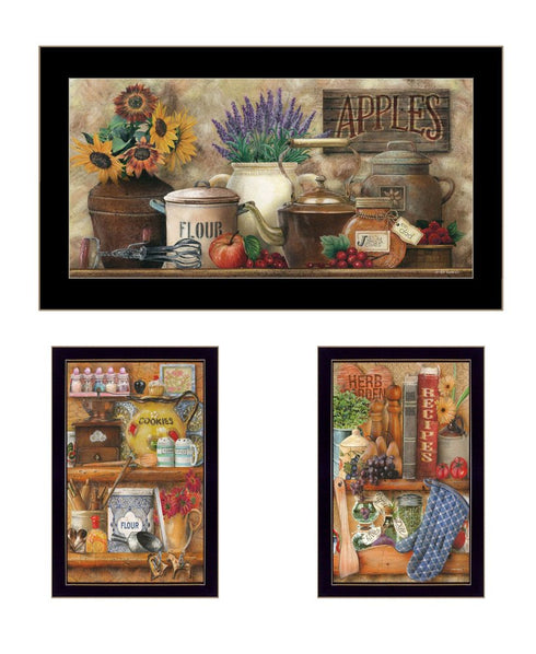 Set Of Three Antique Kitchen with Sugar And Spice Black Framed Kitchen Wall Art