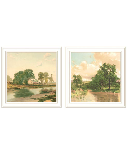 Set Of Two Country Pond And Farmhouse White Framed Wall Art