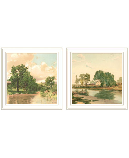 Set Of Two Country Pond And Farmhouse White Framed Wall Art
