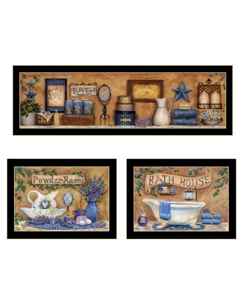 Set Of Three Rest And Relax with a Lavender Bath Black Framed Bathroom Wall Art