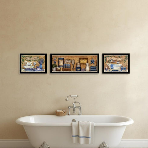 Set Of Three Rest And Relax with a Lavender Bath Black Framed Bathroom Wall Art