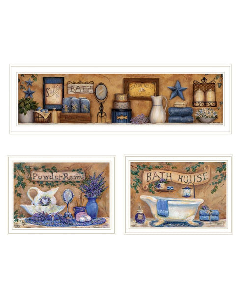 Set Of Three Rest And Relax with a Lavender Bath White Framed Bathroom Wall Art