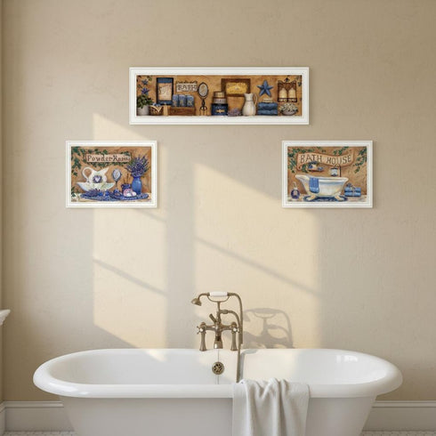 Set Of Three Rest And Relax with a Lavender Bath White Framed Bathroom Wall Art