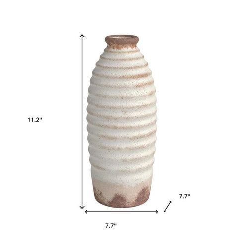 11" Ivory And Brown Round Ceramic Table Vase
