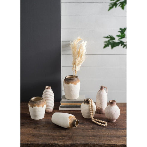 11" Ivory And Brown Round Ceramic Table Vase
