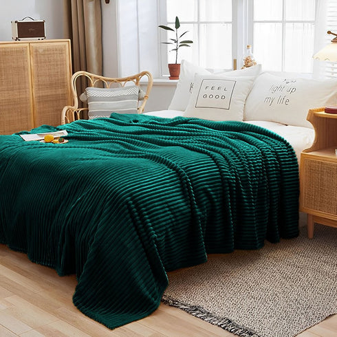 79" X 91" Dark Green Flannel Knitted Striped Throw Blanket