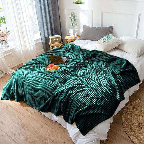 79" X 91" Dark Green Flannel Knitted Striped Throw Blanket