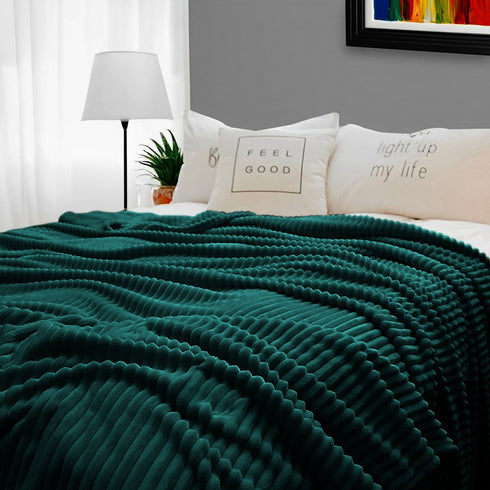 79" X 91" Dark Green Flannel Knitted Striped Throw Blanket
