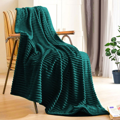 79" X 91" Dark Green Flannel Knitted Striped Throw Blanket