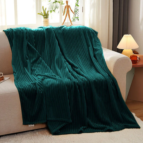 79" X 91" Dark Green Flannel Knitted Striped Throw Blanket
