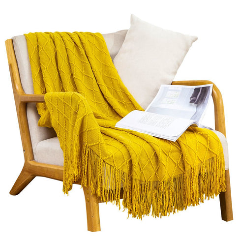 49" X 91" Yellow Flannel Knitted Geometric Throw Blanket