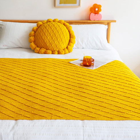 49" X 91" Yellow Flannel Knitted Geometric Throw Blanket