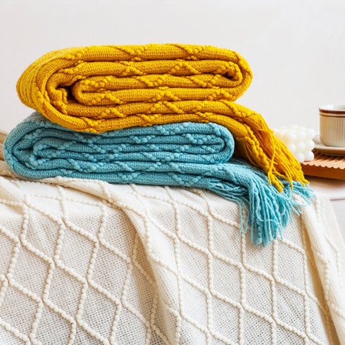 49" X 91" Yellow Flannel Knitted Geometric Throw Blanket