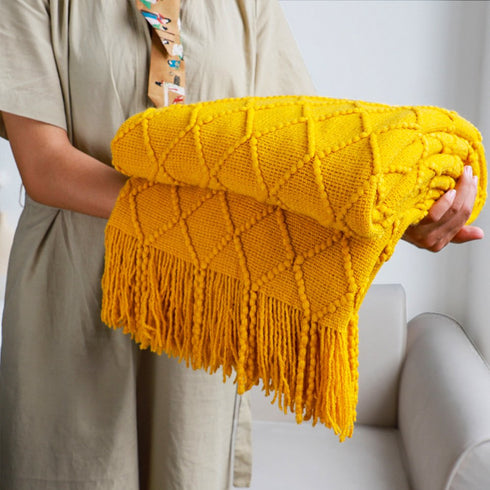 49" X 91" Yellow Flannel Knitted Geometric Throw Blanket