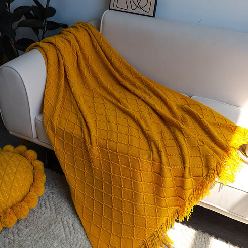 49" X 91" Yellow Flannel Knitted Geometric Throw Blanket