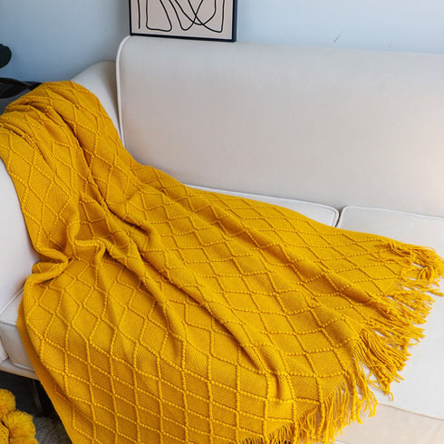 49" X 91" Yellow Flannel Knitted Geometric Throw Blanket