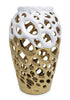 13" Gold And White Pierced Urn Porcelain Table Vase With Sculptural Details