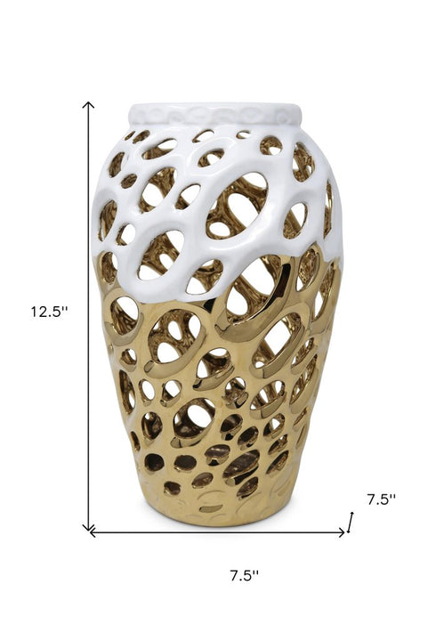 13" Gold And White Pierced Urn Porcelain Table Vase With Sculptural Details