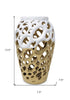 13" Gold And White Pierced Urn Porcelain Table Vase With Sculptural Details