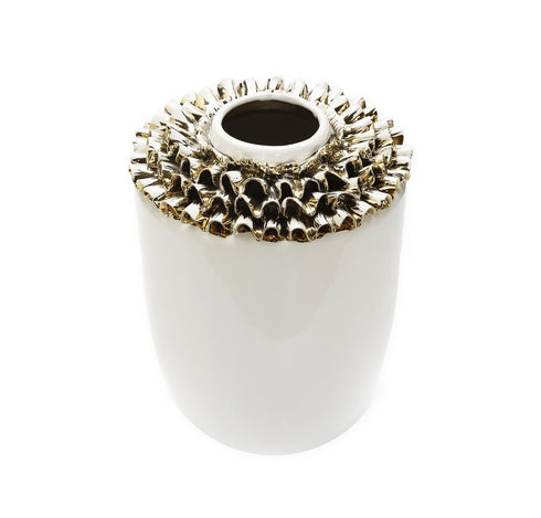 10" White Round Ceramic Table Vase With Sculptural Details