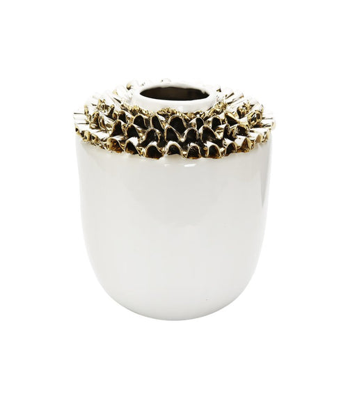 10" White Round Ceramic Table Vase With Sculptural Details