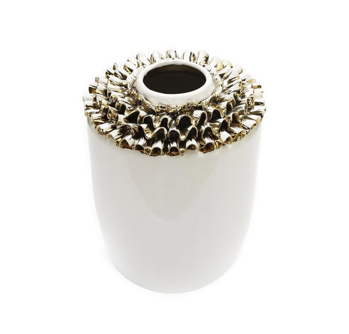 10" White Round Ceramic Table Vase With Sculptural Details