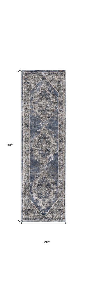 8' Teal Ivory And Gray Floral Medallion Distressed Runner Rug