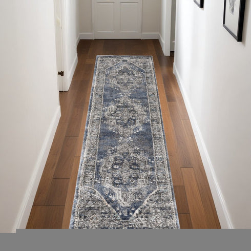 8' Teal Ivory And Gray Floral Medallion Distressed Runner Rug