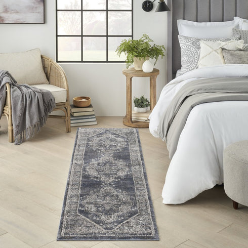 8' Teal Ivory And Gray Floral Medallion Distressed Runner Rug
