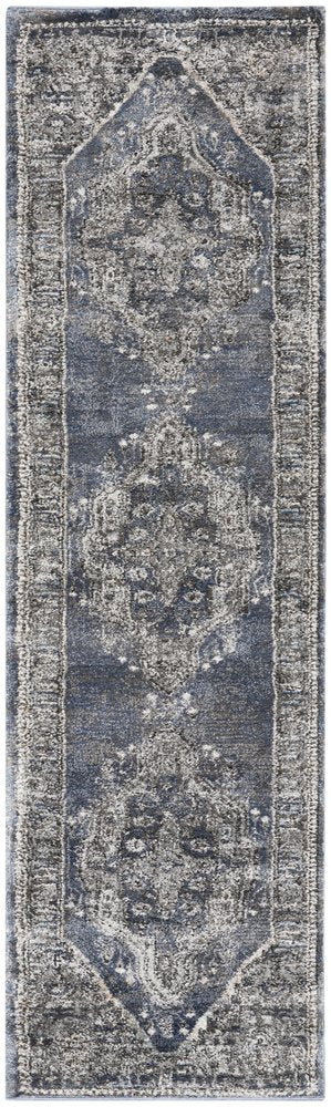 8' Teal Ivory And Gray Floral Medallion Distressed Runner Rug