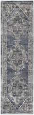 8' Teal Ivory And Gray Floral Medallion Distressed Runner Rug