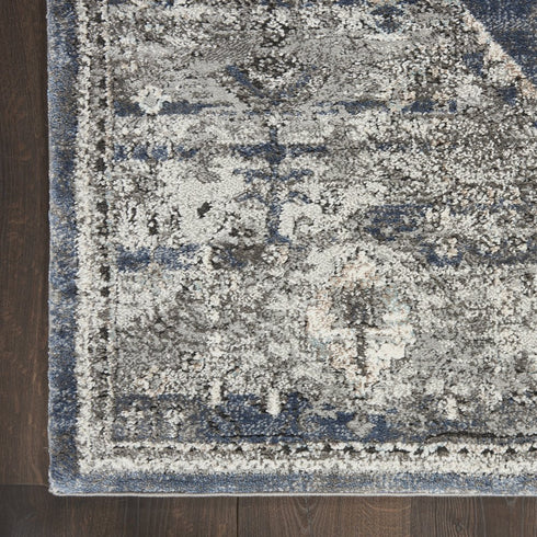 8' Teal Ivory And Gray Floral Medallion Distressed Runner Rug
