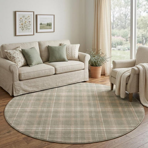 8' Olive Green and Ivory Plaid Round Rug