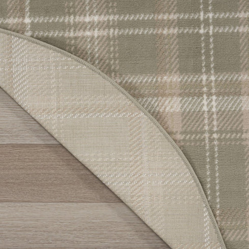 8' Olive Green and Ivory Plaid Round Rug