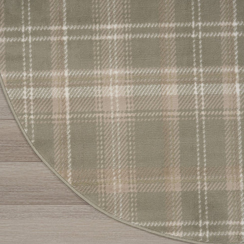 8' Olive Green and Ivory Plaid Round Rug