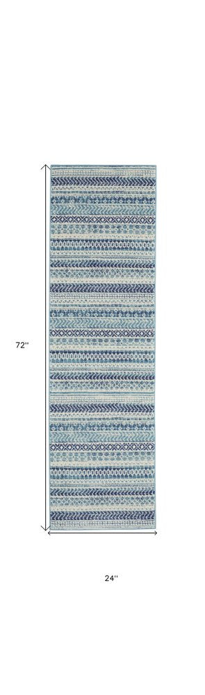 6' Navy Blue And Ivory Geometric Runner Rug