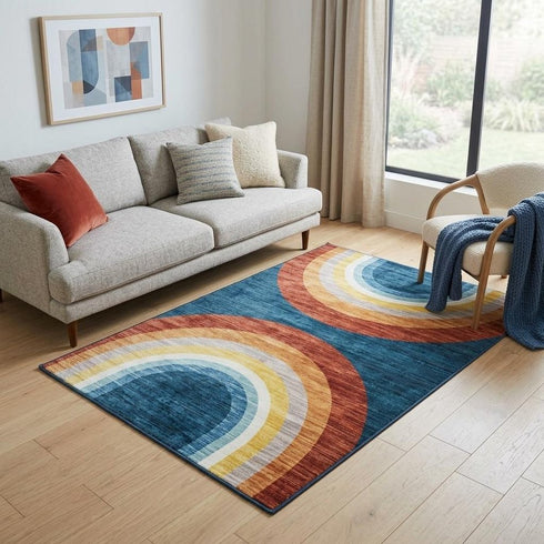 8' X 11' Navy Red and Orange Juvenile Rainbows Youthful Area Rug