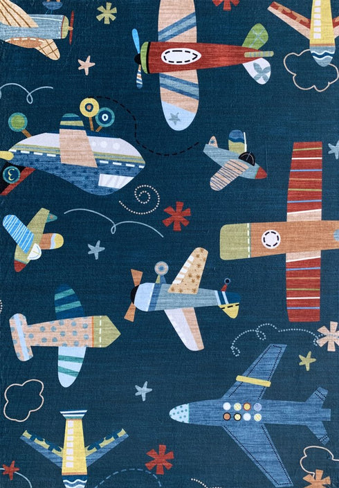 8' X 11' Navy Red and Orange Juvenile Airplanes Youthful Area Rug