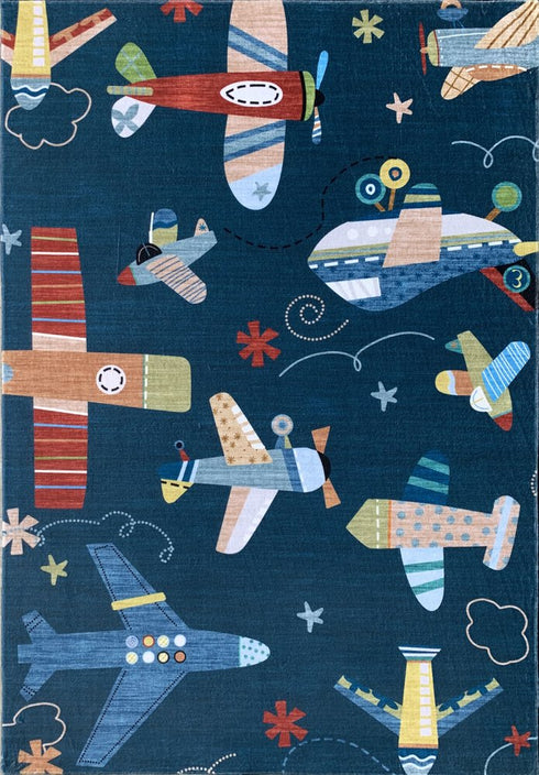 8' X 11' Navy Red and Orange Juvenile Airplanes Youthful Area Rug
