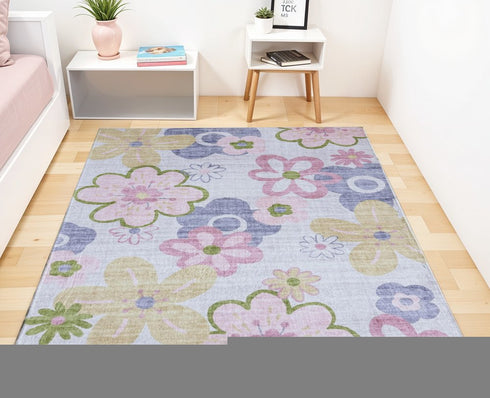 8' X 11' Pink Gray and Purple Juvenile Flowers Youthful Area Rug