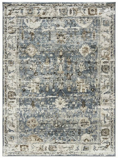 5' X 8' Blue Ivory and Brown Oriental Area Rug