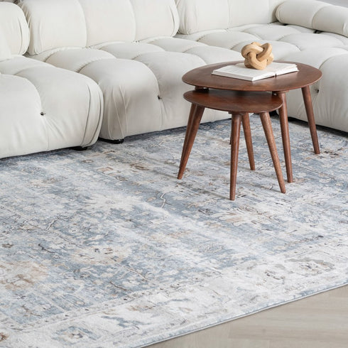 7' X 10' Blue Ivory and Brown Oriental Area Rug