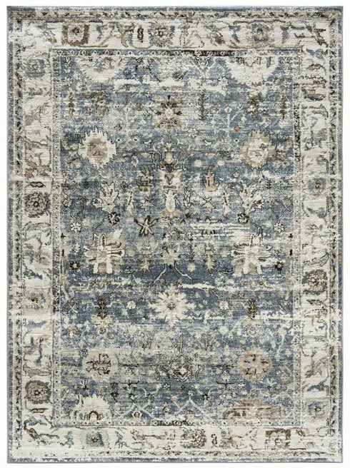 7' X 10' Blue Ivory and Brown Oriental Area Rug