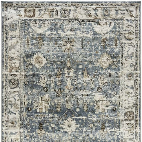 7' X 10' Blue Ivory and Brown Oriental Area Rug