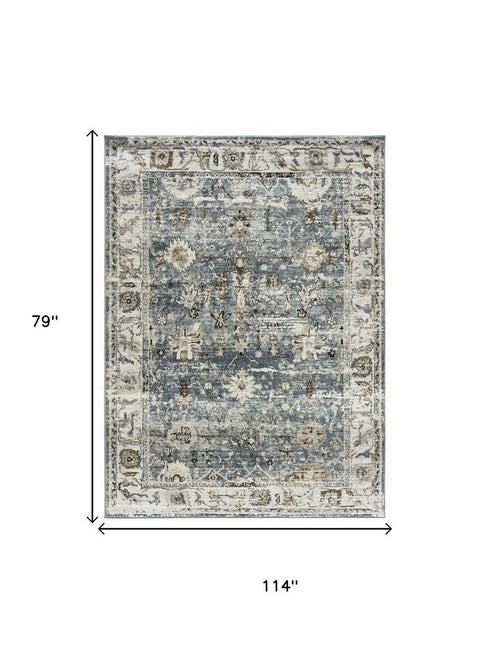 7' X 10' Blue Ivory and Brown Oriental Area Rug